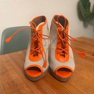 Hermes Orange and Cream Lace-Up Peep Toe Boots Booties